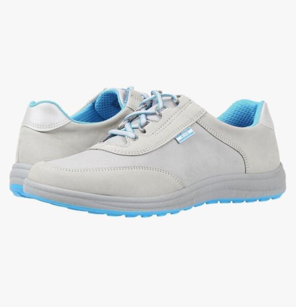 SAS Women's Sporty Lux Leather Walking Shoe Medicare Approved Silver Blue 7.5W